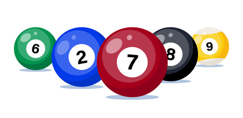 Billiard balls close up, isolated on white background. Snooker or pool sport play. Vector illustration.