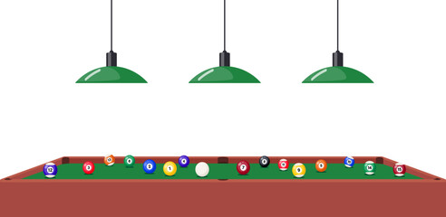 Pool Billiard table and hanging lamps under it, side view. Multi colored pool balls on billiard table. Vector illustration. - obrazy, fototapety, plakaty