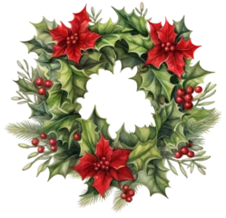 Foto op Plexiglas PNG Christmas Wreath with ilex Vintage style Watercolor illustration © LiliGraphie