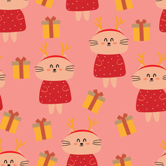 Cute cartoon cats and Christmas gifts seamless pattern, with Christmas illustrations. cute animal wallpaper for wrapping paper