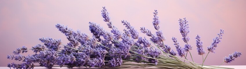 A cluster of fragrant lavender sprigs delicately positioned against a muted lavender background,...