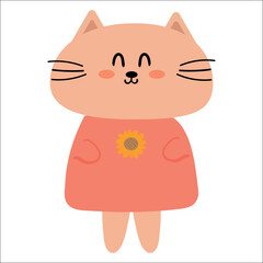 Cute cartoon cat wearing pink clothes, for greeting cards, stickers etc