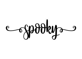 Logo con palabra en texto manuscrito spooky con raya de decoración de caligrafía para su uso en invitaciones y tarjetas de Halloween - obrazy, fototapety, plakaty
