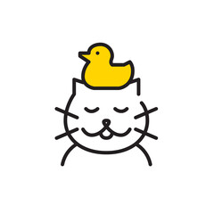 Cat with yellow rubber duck on its head. Enjoying pet spa. Pixel perfect, editable stroke icon