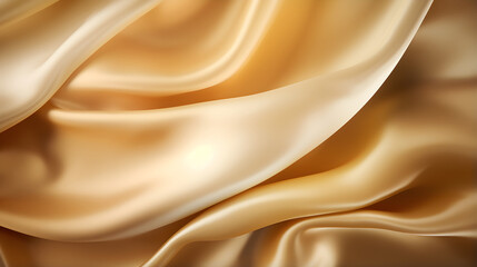 Golden satin background with smooth folds. Satin silk fabric background. Rippling scarf texture. Luxury shiny wallpaper in gold