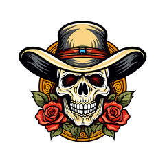 illustration of a skull wearing a hat and decorated with roses