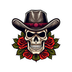 illustration of a skull wearing a hat and decorated with roses