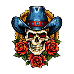 illustration of a skull wearing a hat and decorated with roses