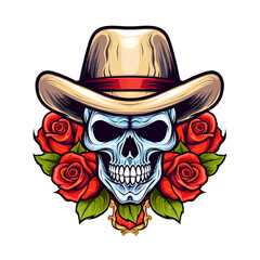 illustration of a skull wearing a hat and decorated with roses