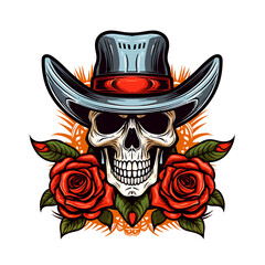 illustration of a skull wearing a hat and decorated with roses