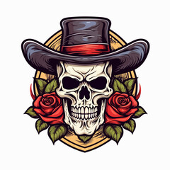 illustration of a skull wearing a hat and decorated with roses