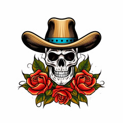 illustration of a skull wearing a hat and decorated with roses