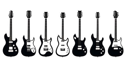 Set of black and white electric guitars isolated on white background. Popular types of guitars housing.
 - obrazy, fototapety, plakaty