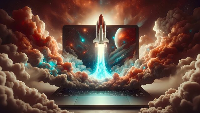 From the confines of a laptop, a space shuttle materializes within the nebulous expanse of the cosmic clouds © Vishal