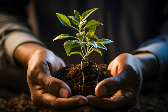Sustainability and environment with hand and plant