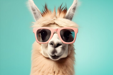 Naklejka premium Llama Wearing Sunglasses in Isolation on a Solid Pastel Background – Ideal for Commercial, Editorial, and Surrealistic Advertisements