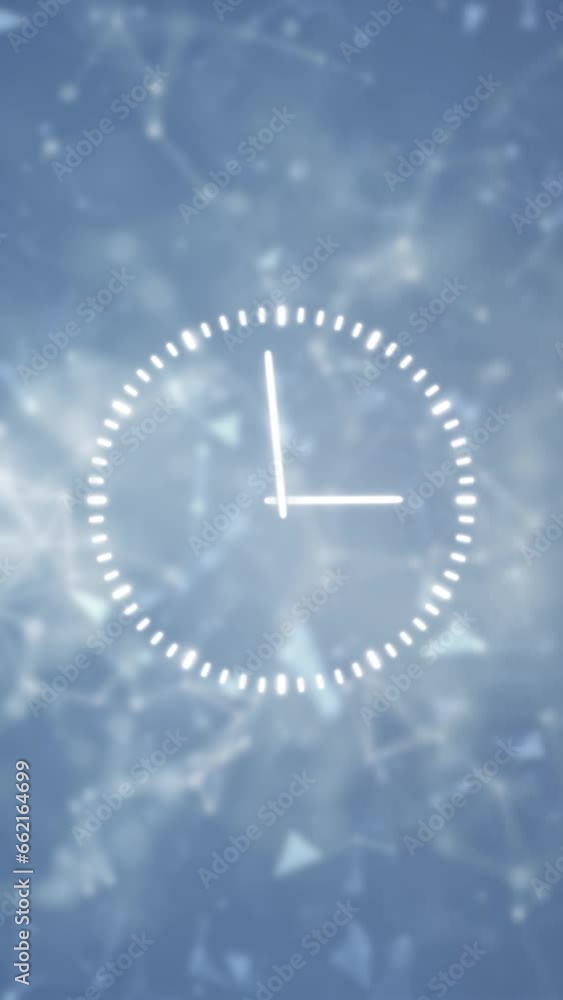 Poster infinite analog time clock on vertical blue digital background.