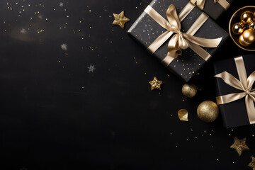 Christmas or New Year black background with gift boxes, golden decorations and confetti. Top view with copy space.