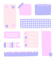 Cute hand drawn planner, journal, notepad, paper. Little scraps of note paper and stickers. memo template. A collection of striped notes, blank notebooks, and torn notes used in a diary or office