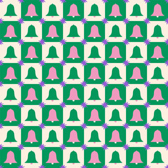 Holiday seamless pattern with jingle bells in squares. Hand drawn vector illustration with Christmas symbols for holidays. Creative repeatable background for Christmas, festive design