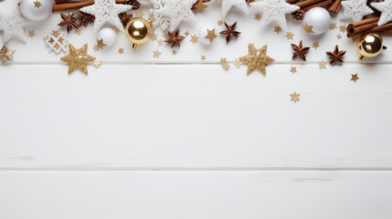 Christmas decoration on white wooden background. Top view with copy space.
