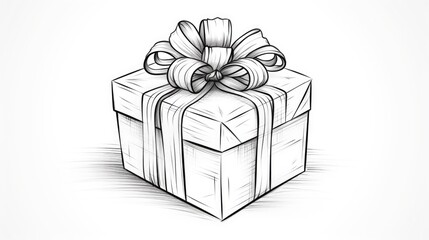 Christmas gift box with ribbon sketch drawing single line on white background