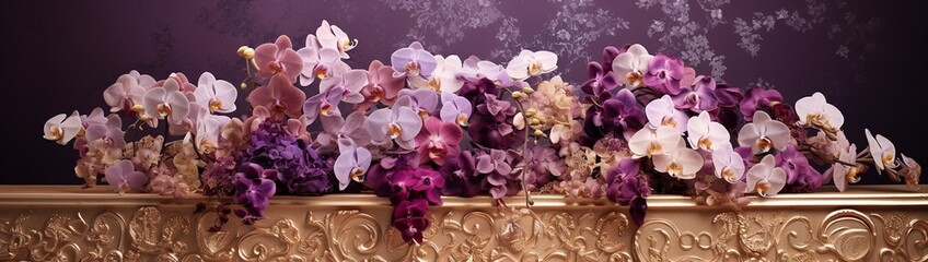 A collection of intricately patterned orchids in various shades of purple arranged against a solid gold background, evoking a sense of luxury and sophistication