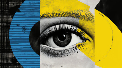 Abstrakes Hinterhrundbild mit Auge und blau gelben Applikationen - obrazy, fototapety, plakaty