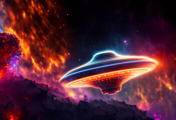 ein UFO oder Raumschiff von Aliens fliegt orange rot glühend vor einem Hintergrund aus einem leuchtend bunten Universum mit Sternen und Galaxien. Unbekannte Weiten und die Tiefe des Weltalls - obrazy, fototapety, plakaty