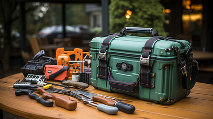 Arborist's Toolbox: A display of various tools used by arborists, from chainsaws to hand pruners, on a rustic wooden table. - obrazy, fototapety, plakaty
