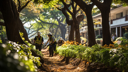 Trimming in the Park: Workers pruning trees along winding paths in a public park, ensuring the safety and beauty of the space. - obrazy, fototapety, plakaty