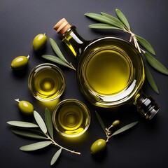 Olive oil and olives on a table