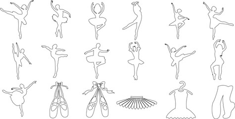Ballet line art Vector Illustration: Set of 18 Elegant Ballerinas in Classic Dance Poses. Perfect for Ballet Class, Dance Studio, Theatre Performance. Black and White Line Art
