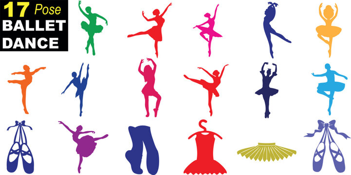 danse de ballet en couleurs vives Illustration vectorielle 17 poses. Parfait pour les projets de danse et de ballet. Id&eacute;al pour les graphiques de danse, les affiches de ballet et les projets cr&eacute;atifs
