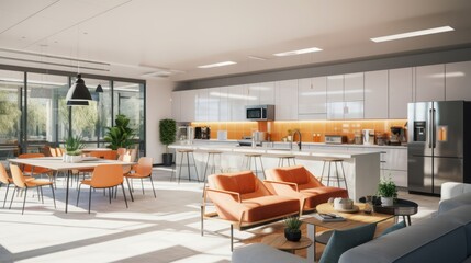 An office breakroom with a communal kitchen and relaxation area