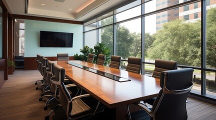 An office meeting room with a large conference table - Powered by Adobe