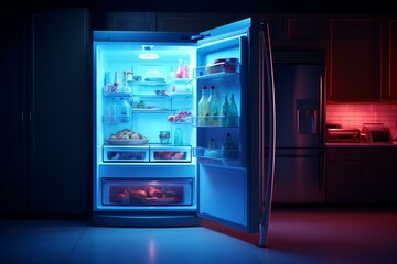 Interior of a vacant contemporary refrigerator illuminated by a gentle blue glow. Generative AI