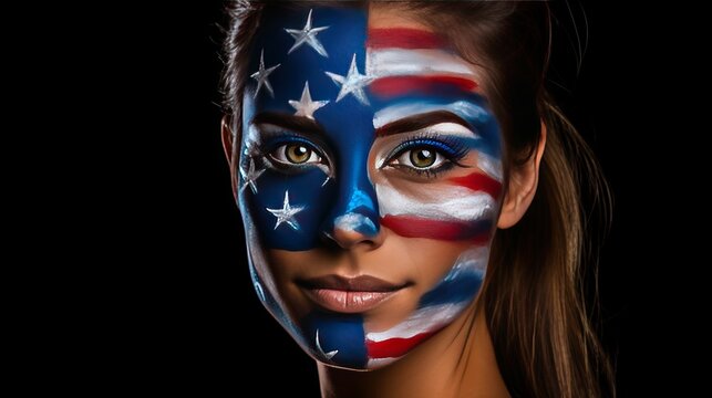 A woman with patriotic face paint in the colors of the American flag