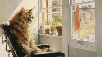 A cat grooming in a chair, wool, sunlit windows, watercolors, 고양이 - obrazy, fototapety, plakaty