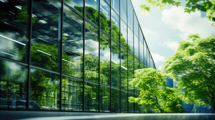 Eco - friendly building in the modern city. Sustainable glass office building with tree for reducing carbon dioxide. Office building with green environment.