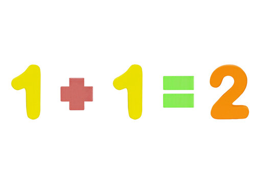 One plus One equals Two (1+1=2) Illustration. Image of simple math addition operation for kids, math operation to enhance brain skills (Plus, minus, multiply, divide) Isolated on cut out PNG.