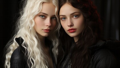 female twins with white and black hair, contrast - obrazy, fototapety, plakaty