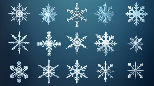 A beautiful collection of unique snowflakes on a serene blue background