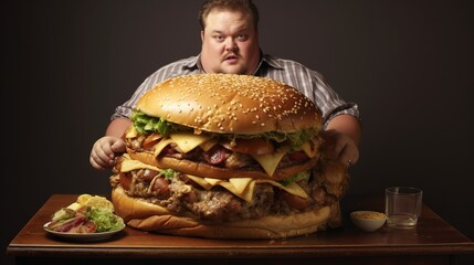 a corpulent man sits in front of a gigantic burger with great hunger