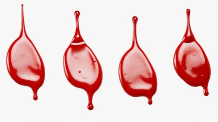 Photo of three vibrant red liquid droplets on a white surface