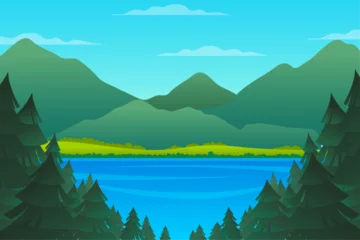 Poster Flat design lake scenery nature landscape background © AinStory