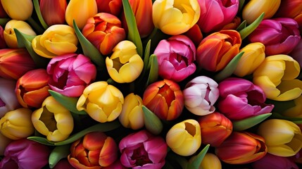 A group of brightly colored tulips in various shades, tightly clustered together in a vibrant and joyous display