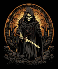 illustration of a skull holding a sword