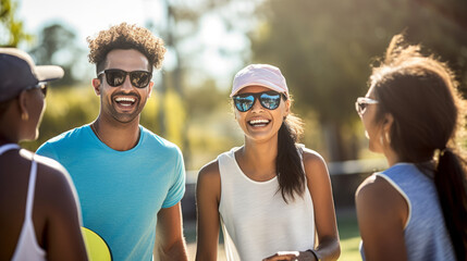 Happy friendly group of pickleball padel or tennis players, diverse young people doing outdoor sports activities