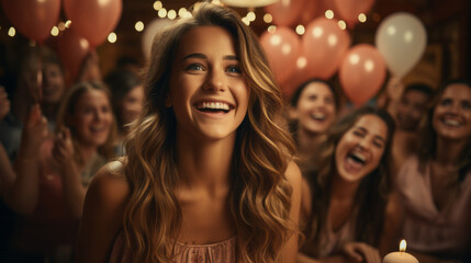 Excited friends gather for a surprise birthday party, with balloons and a decorated cake